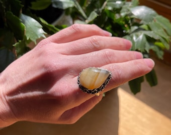 Banded white and yellow Calcite Natural sterling silver statement Ring Size 9