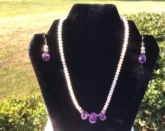 Sterling Pearl Amethyst necklace & earring set toggle clasp