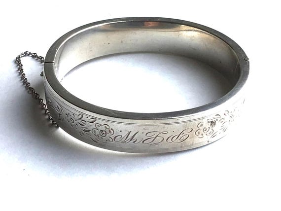 Sterling bangle bracelet engraved pattern front f… - image 1