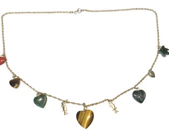 Gold Filled hearts Gemstone Charm Necklace: Tiger's Eye, Jasper, Jade, Agate