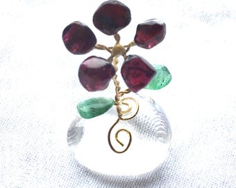 Gold on sterling Garnet Jadeite Quartz handmade flower figure unusual collectible