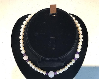 925 Pearl Rose Quartz Amethyst Choker Necklace Large Pearls Statement Piece