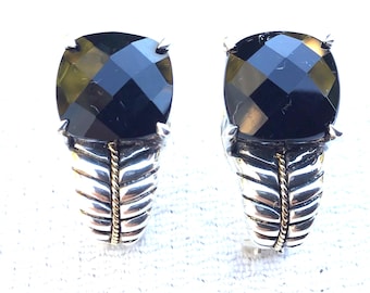 925 18k Onyx Omega Back Earrings Cushion Cut Stones Signed Heavy Quality Made