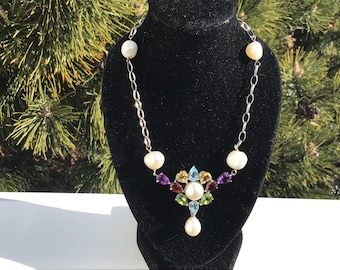 Sterling silver Topaz, Citrine, Peridot, Amethyst, Garnet, Pearl pendant with attached chain