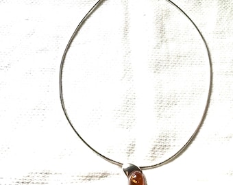 Sterling Silver Amber Pendant Necklace: Italian Omega Chain