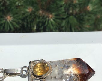 Bi color Quartz crystal Citrine pendant on Mariner link chain