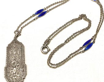 Sterling filigree pendant on enameled 800 silver chain one stone original period piece