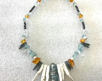 Unusual sterling multi stone necklace Pearls Topaz Carnelian Hematite Moss Agate choker