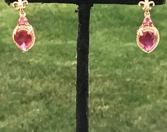 Rose Gold Sterling Ruby Drop Earrings: 1.5 Ct Natural Deep Red Stones