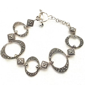 Sterling marcasite link braclet with chain end sand toggle clap, 7 1/4-Inch Bracelet
