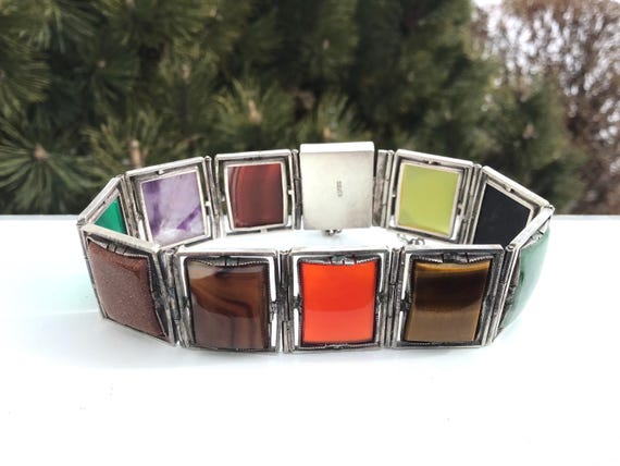 Sterling silver multi gemstone rectangular link b… - image 2