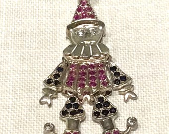 Sterling Ruby white blue Sapphire clown pendant moving arms legs