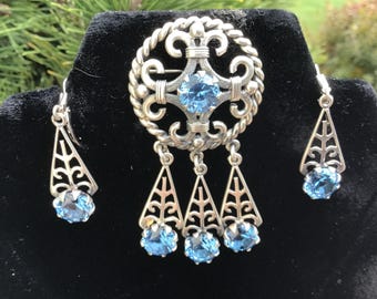 Sterling silver blue stone Brooch & Earring Set: Germany,  Filigree STRIKING COLOR