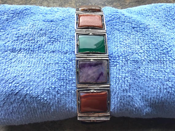 Sterling silver multi gemstone rectangular link b… - image 3