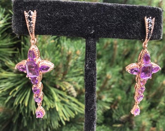 Rose gold sterling Amethyst Black Spinel drop earrings