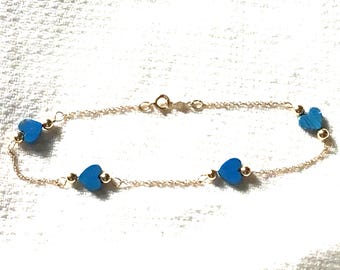 14k Gold Blue Agate Heart Bracelet, Delicate Stone Chain - 7"