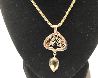 Citrine Garnet Gold on Sterling Pendant Necklace: Filigree Pear Drop