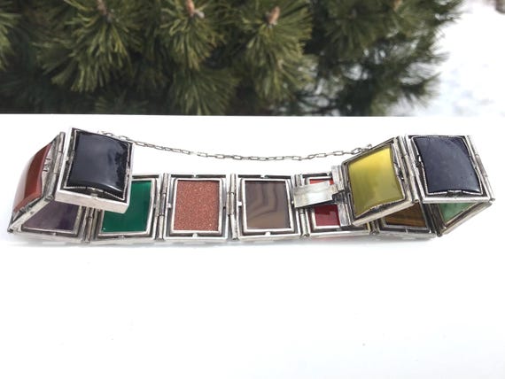 Sterling silver multi gemstone rectangular link b… - image 5