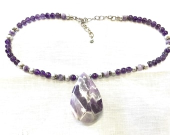 Amethyst Pearl Amethyst Agate beaded necklace adjustable length 16”-18” unusual statement piece