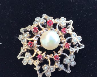Victorian Sterling Silver Ruby Seed Pearl Watch Pin