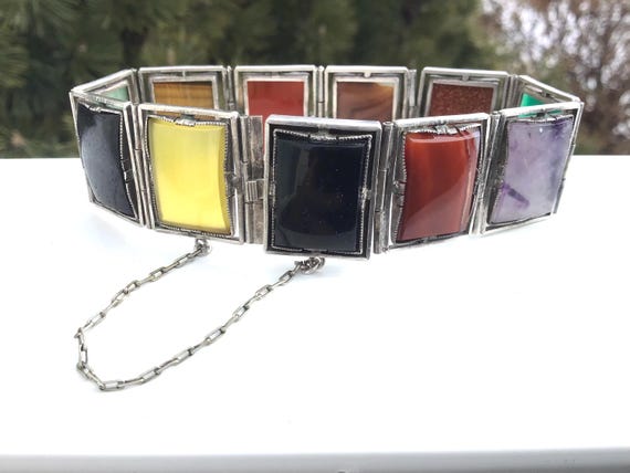 Sterling silver multi gemstone rectangular link b… - image 1