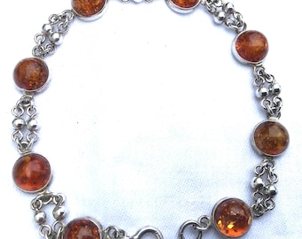 Natural Amber Sterling Filigree Bracelet 7 3/8” bezel set orange color stones