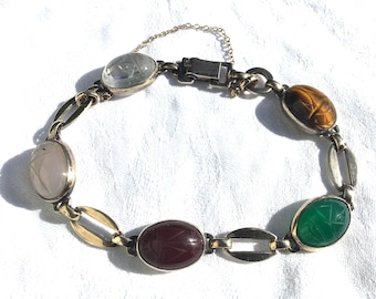 Vintage Scarab Bracelet, Genuine Stone, Gold Filled Sterling Silver, 1950s