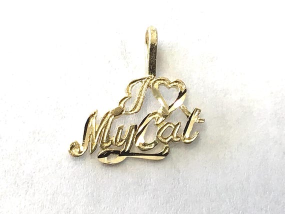 14k yellow gold I love my cat pendant charm diamond cut