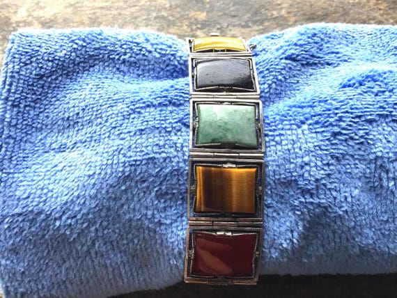 Sterling silver multi gemstone rectangular link b… - image 4