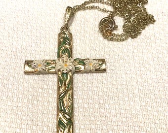 Krementz enamelled gold filled cross on 24” Rolo link chain