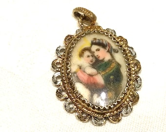 Portrait Miniature Pendant: 800 Silver Gold Gilt vintage Italian hallmarked religious