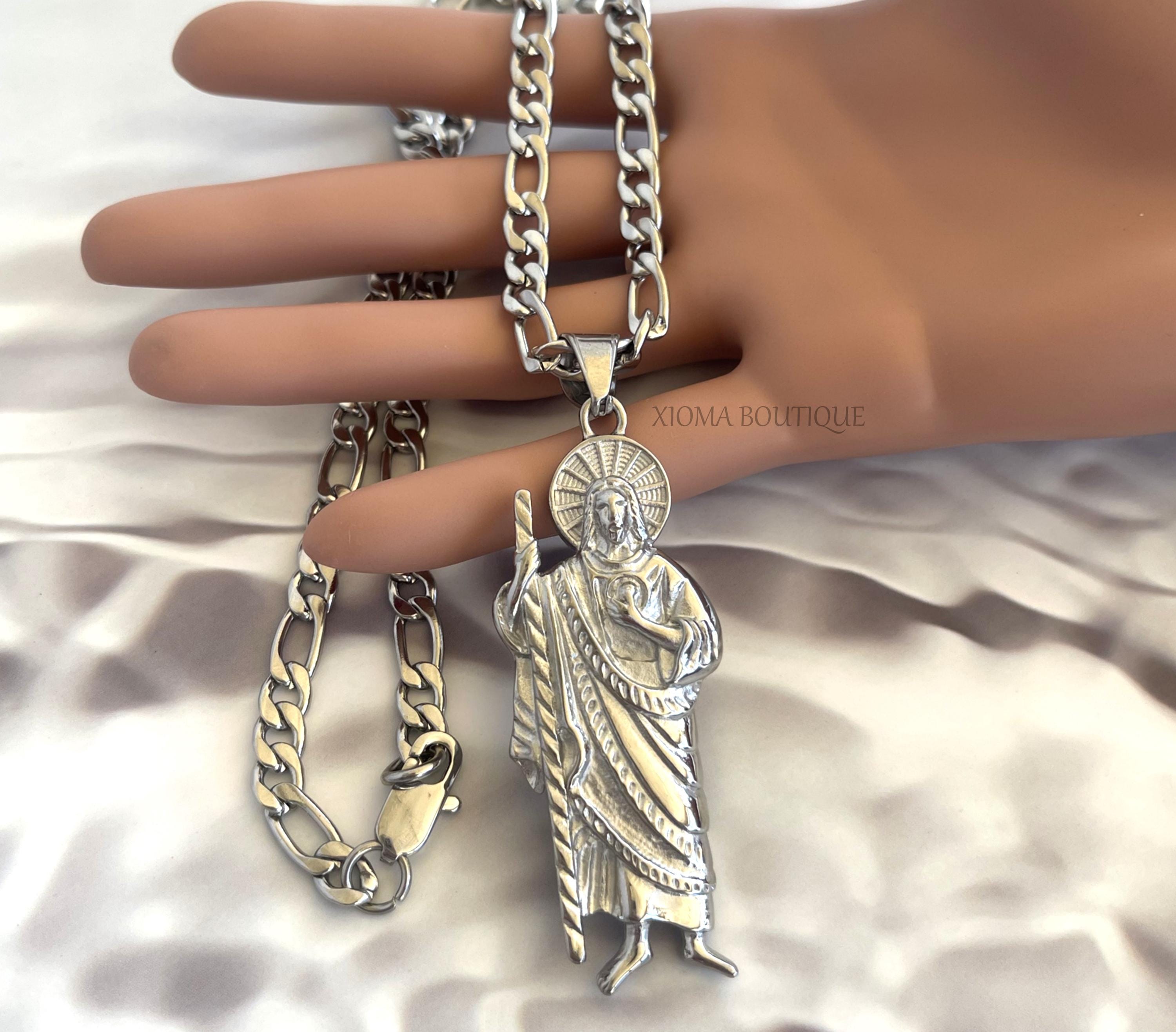 Saint Jude Large Figure Pendant Necklace Stainless Steel With Cuban ...