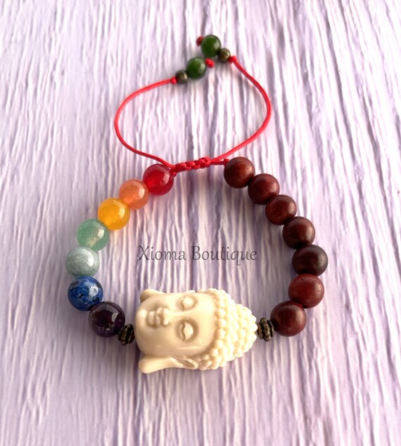 Chakra Buddha Bracelet: Rose Wood Resin, Adjustable Yoga