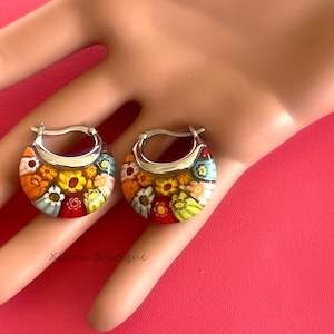 Millefiori Glass Hoops Earrings Flower Basket Style Multicolor