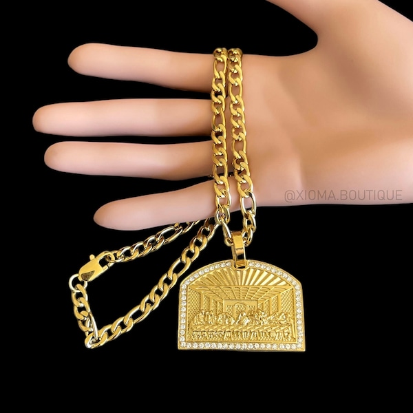 Jesus Last Supper Pendant Necklace With Cuban Link Chain Unisex Stainless Steel Gold