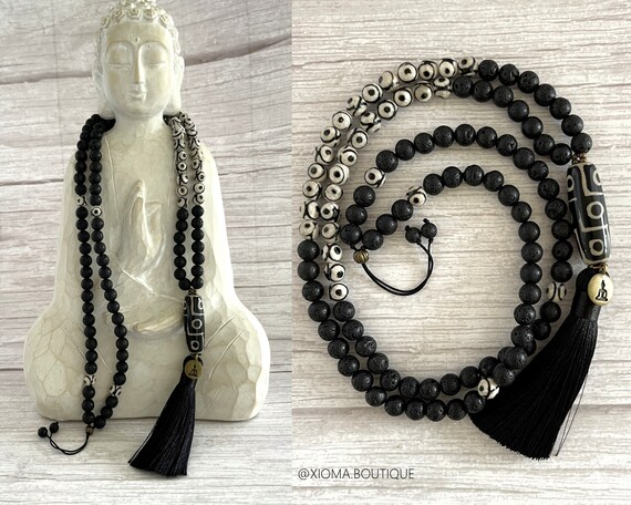 Tibetan Eye Mala Beads: Lava Stone Prayer Necklace With Black