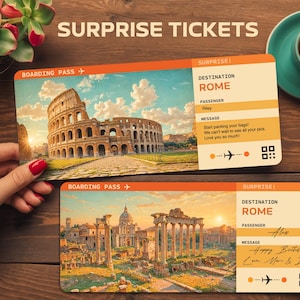 Biglietti per viaggio a sorpresa a Roma – Regalo di carta d'imbarco modificabile – Rivelazione del viaggio stampabile – Download digitale per annuncio di vacanza a sorpresa