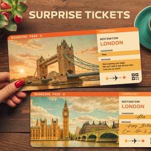 London Surprise Trip Tickets – Editable Boarding Pass Gift – Printable Trip Reveal – Digital Download for Surprise Vacation Announcement