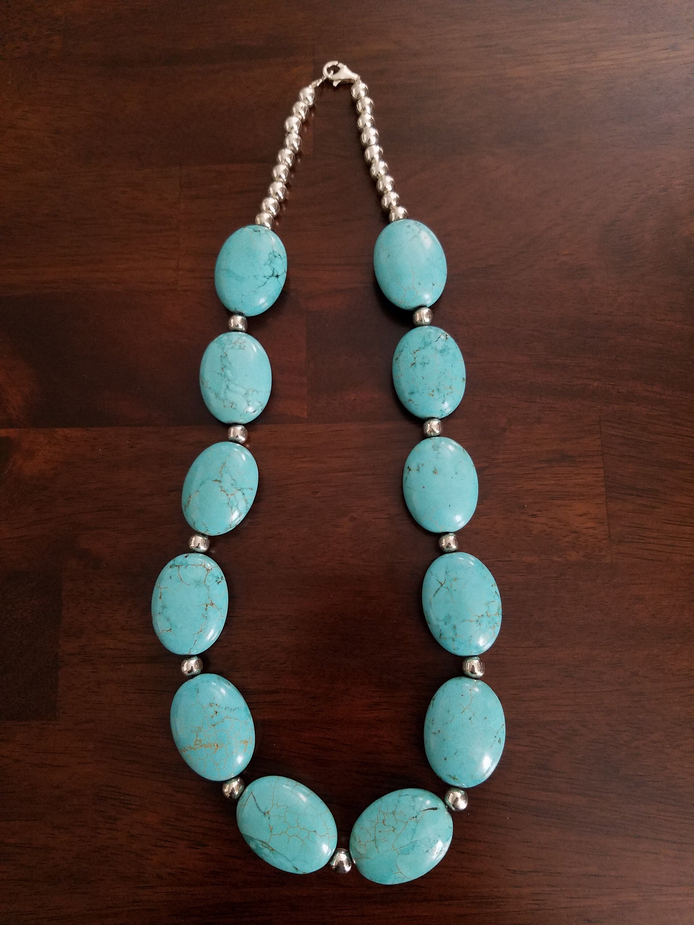 Chunky Oval Stone Necklace with Silver Beads