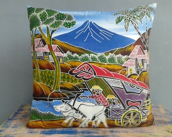 Handbemalter Batik Kissenbezug: Javaner Bergszene, 17x17
