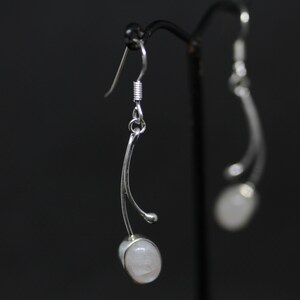 May include: Silver dangle earrings with a white moonstone gemstone on each earring.