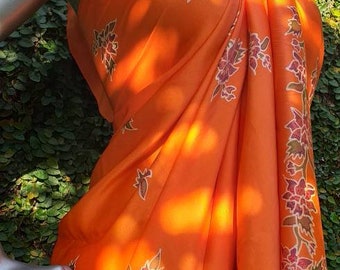 Orange Silk Floral Batik Pareo,Big scarf,dress scarf,tie up scarf,long scarf,Silk Sarong,Tropical Flowers Batik,Sisters Travel Gift Fabric