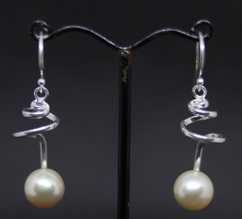 South Sea Pearl Silver Spiral Earrings Melon Color Fine Jewelry Sea Pearl Salt Water Pearl Dangle Earrings Solid Silver Earrings image 3