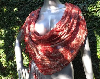 Featherlight Silk Batik Scarf Resort Cover Up Red Gray Blue Green Pereo Sexy Cruise Silk Hip Scarf Perfect Gift For Cool Aunty Tassel Scarf