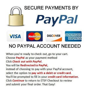 May include: Secure payments by PayPal.  A padlock icon, VISA, Mastercard, Discover, and American Express logos are displayed.  Text reads "No PayPal account needed".  Instructions for checking out using PayPal are provided.