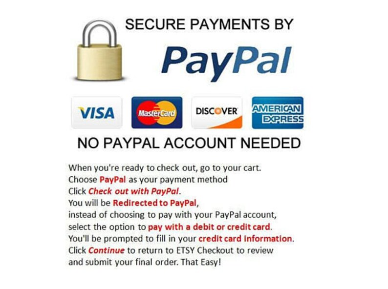 May include: Secure payments by PayPal.  A padlock icon, VISA, Mastercard, Discover, and American Express logos are displayed.  Text reads "No PayPal account needed".  Instructions for checking out using PayPal are provided.