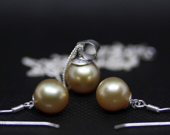 AAA Pearl Set , South Sea Pearl 3 Light Gold Round Sea Pearls , Gift For Wife , Minimalist Sea Pearl Jewelry, Earrings and Pendant Pearl Set