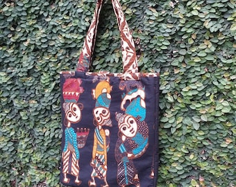 Ethnic Black Teal Tote Bag Cotton Wax Resist Shopping Bag Reversible Eco Friendly Batik Collage Book Carrier Cotton Print Batik Travel Bag