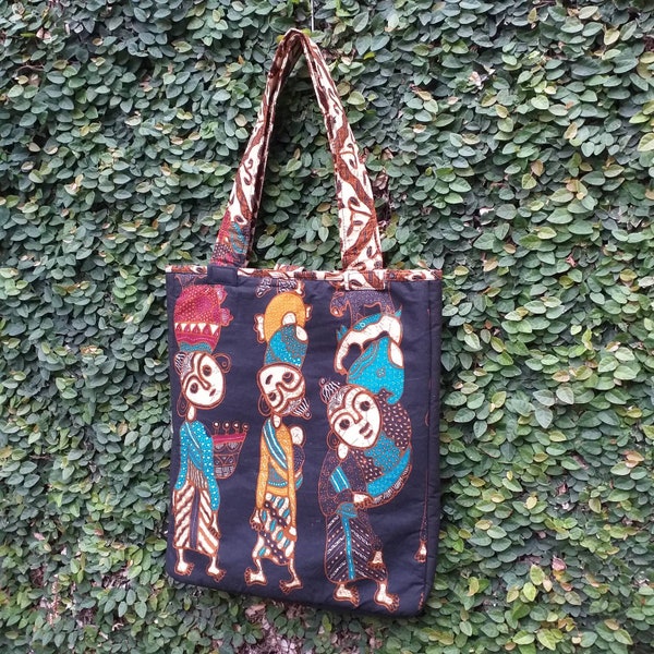 Ethnic Black Teal Tote Bag Cotton Wax Resist Shopping Bag Reversible Eco Friendly Batik Collage Book Carrier Cotton Print Batik Travel Bag