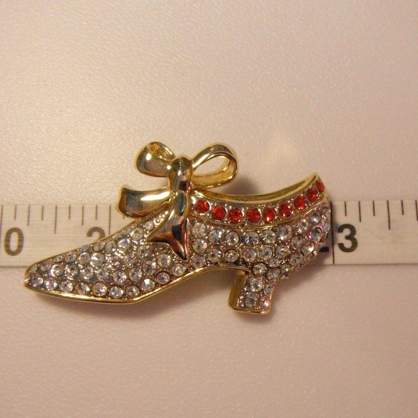 Large Ladies Shoe Brooch Encrusted w/Red & White Rhinestones, Gold Tone